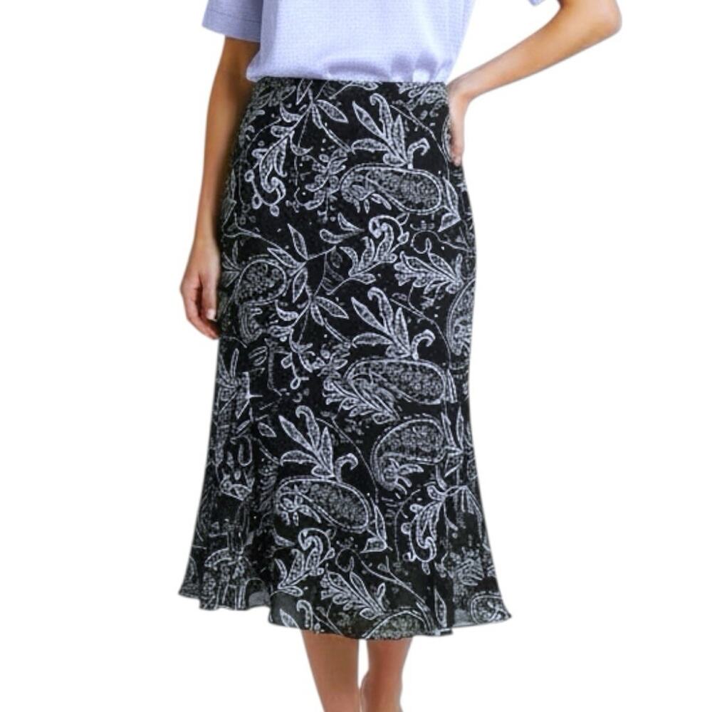 Style & Co Paisley Midi Skirt Women Sz 8 Black White Flowy Boho Elastic Waist